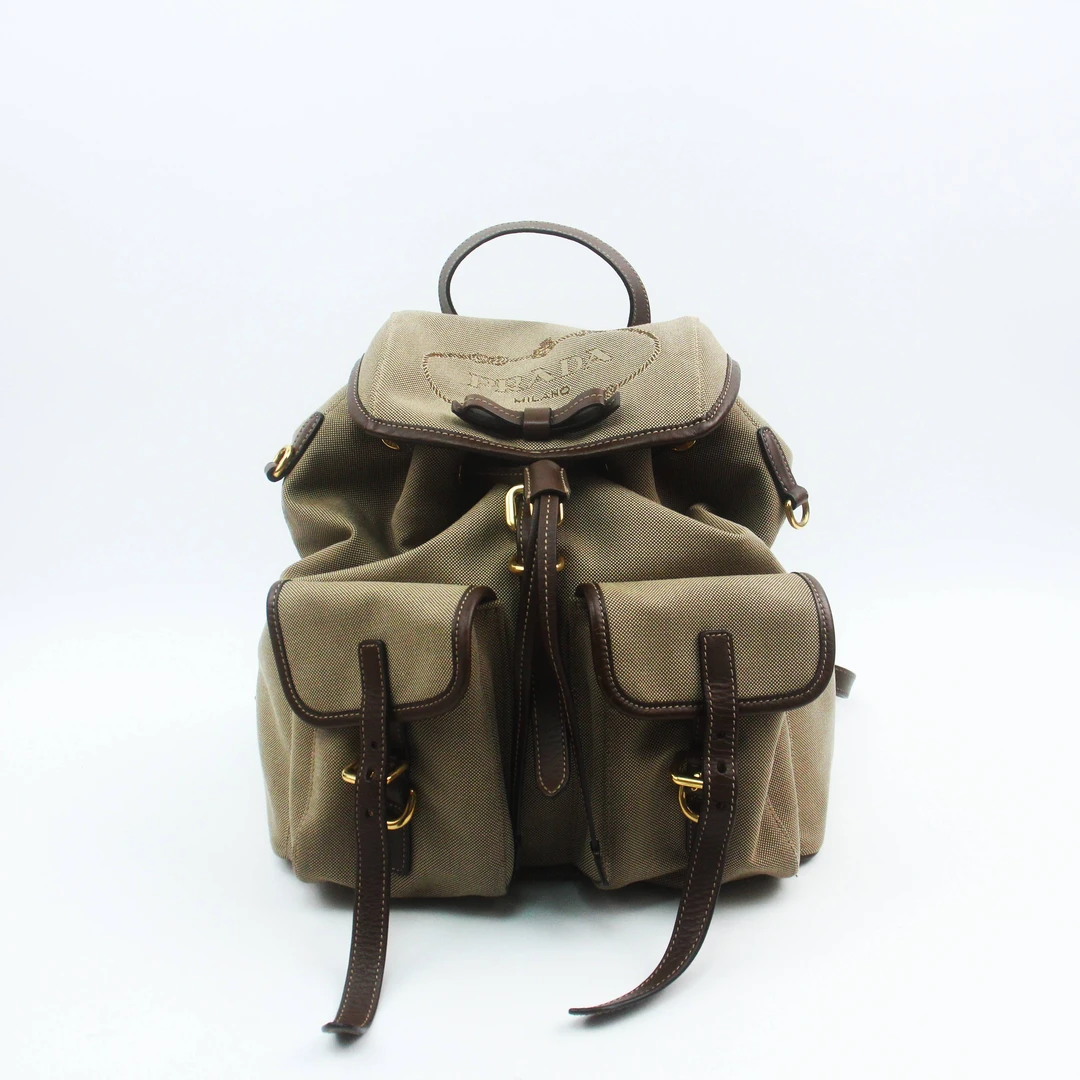 95新 Prada/普拉达 81271B 普拉达浅咖色帆布双肩包