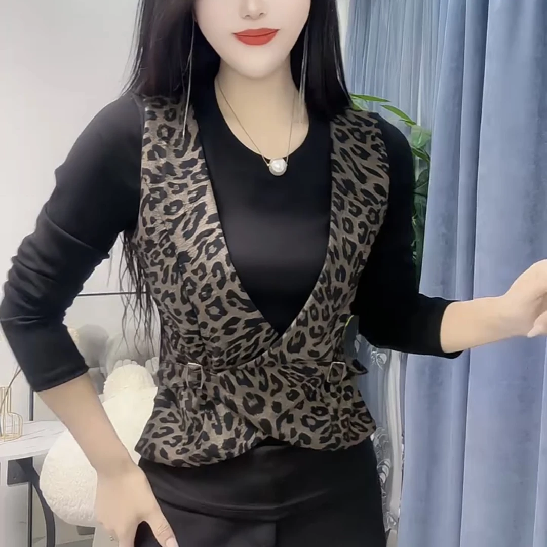 时尚豹纹秋冬新款显瘦百搭高级感假两件上衣