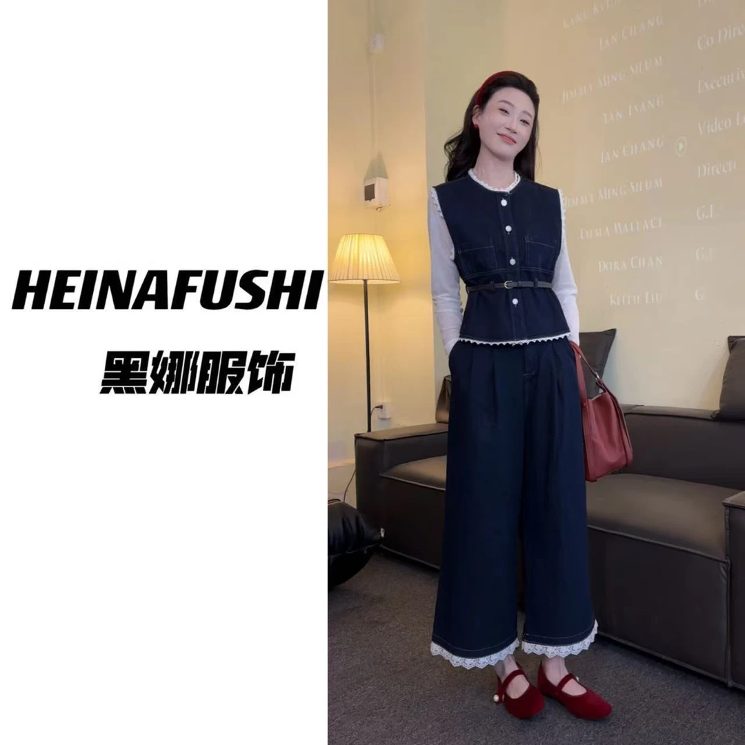HEINA 蕾丝拼接牛仔马甲套装9054 Q