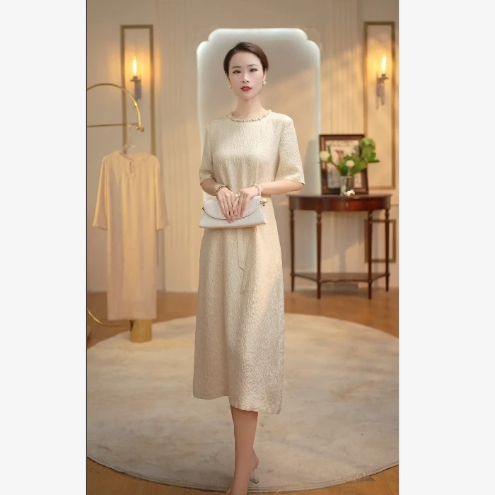 【YASHI】“星辰”25姆米重磅冠乐绉蚕丝连衣裙 QXX256-ES25X357*