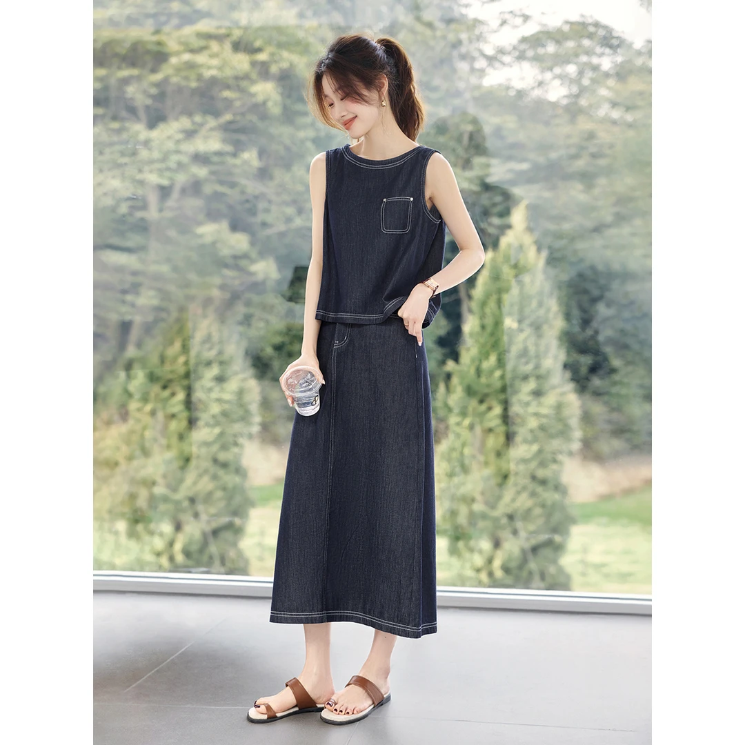 经典复古休闲后背开叉牛仔马甲套装2025夏季新款时尚套装