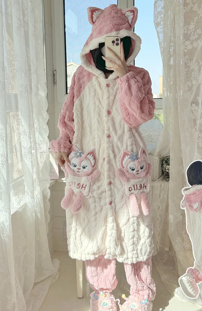 甜美可爱连帽睡衣女冬季睡长袍加绒加厚法兰绒家居服玲娜贝儿套装