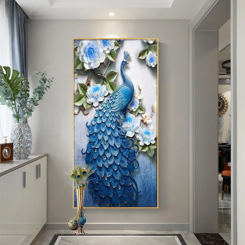 新款钻石画竖版玄关富贵蓝孔雀满钻全贴魔方圆钻石画卧室客厅