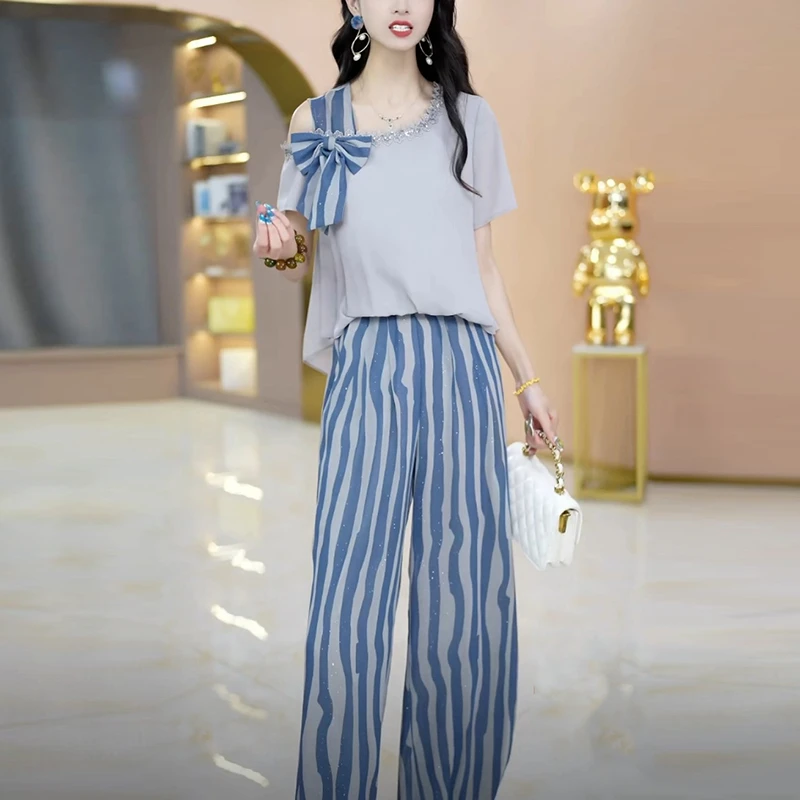 法式气质女装时尚休闲夏季短袖套装2025新款爆款洋气阔腿裤两件套