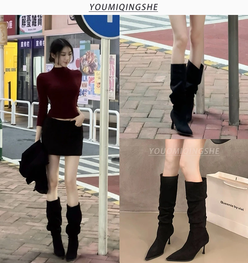 靴子女款爆款2025新款网红长筒靴洋气高跟黑色百搭尖头法式长靴
