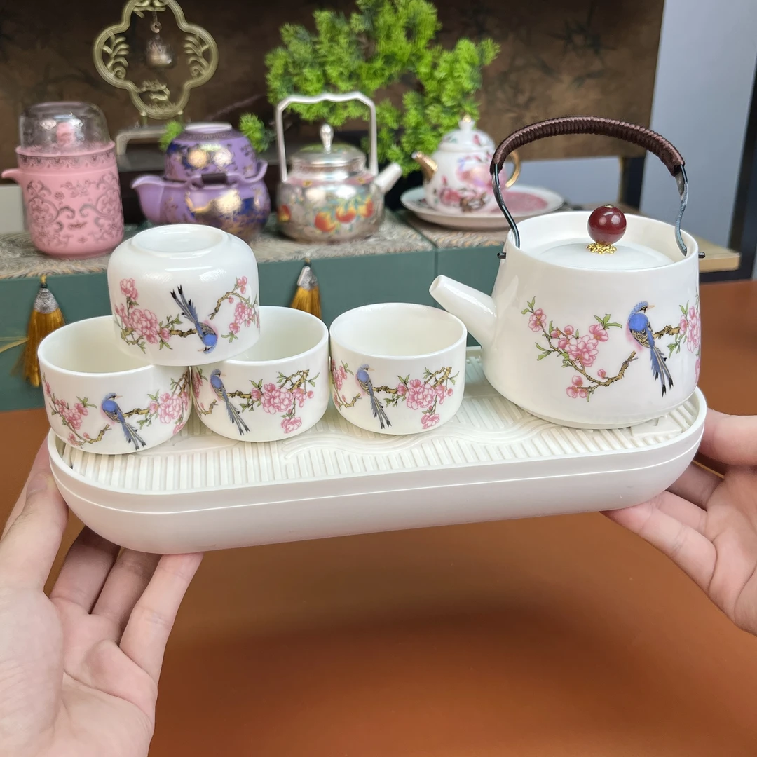 Z3223-羊脂玉瓷喜上眉梢提梁壶+4杯+盘