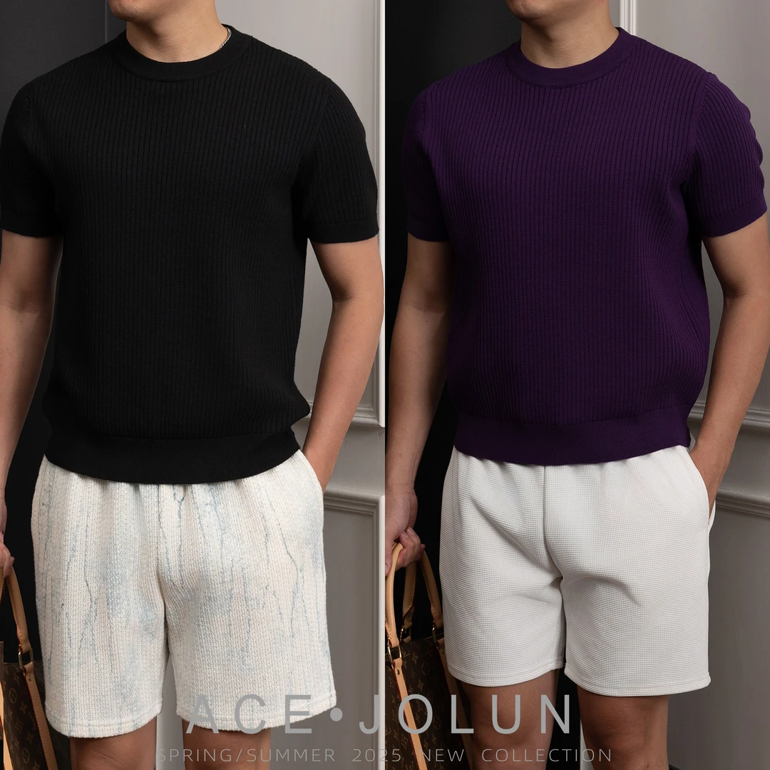 【褶皱坑条】高级编织混纺肌理针织衫男士夏季透气老钱风圆领T恤