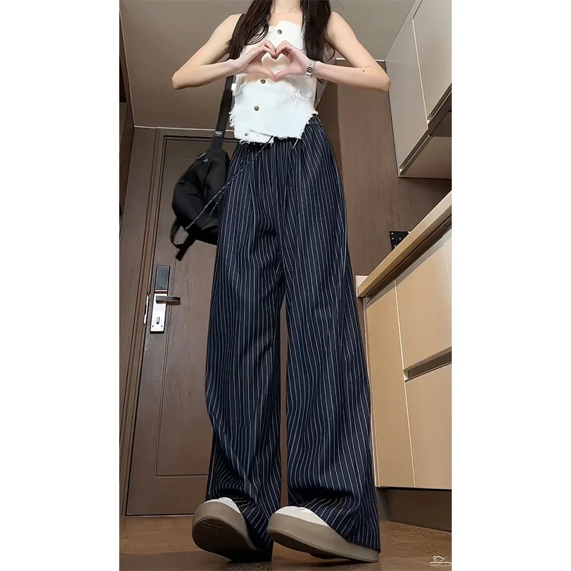 夏季透气条纹阔腿裤男女潮流薄款休闲裤垂感中性直筒裤运动长裤子