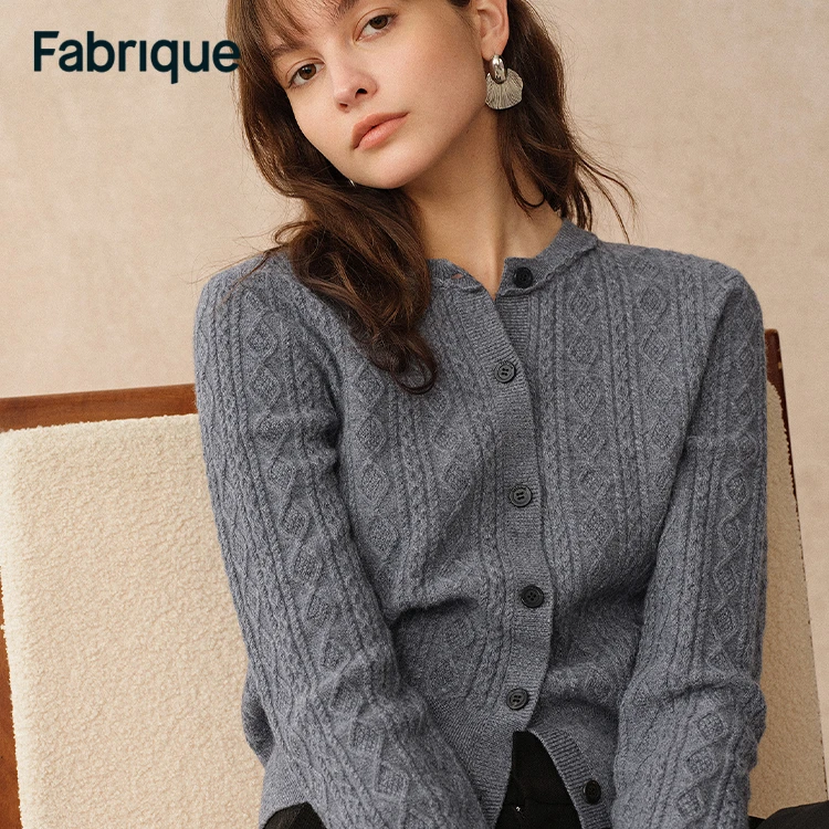 Fabrique Jinji 早秋新品锡器灰法式花边绞花绵羊毛短款针织开衫