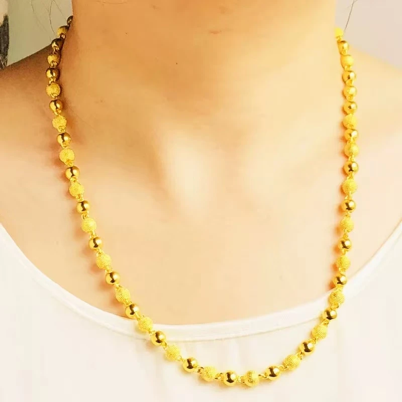 钛钢项链 越南磨砂项链女士镀厚金圆珠空心加粗加长佛珠链