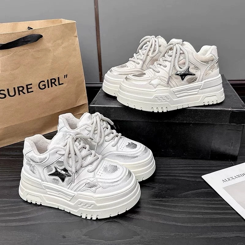 【超哥家】 秋冬新款时尚厚底擦色星星板鞋轻便絮絮绒厚底小白 8018