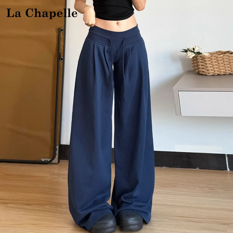 拉夏贝尔藏青色运动裤女2025新款春秋款低腰垂感休闲百搭阔腿卫裤