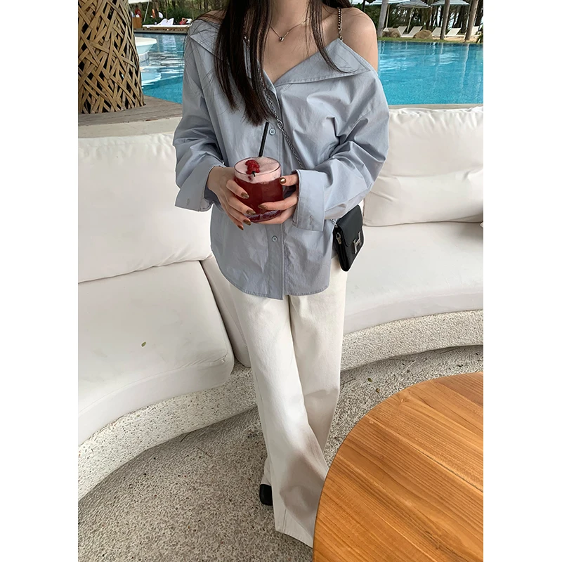 王少女的店 蓝色宽松露肩链条衬衫春秋时尚休闲上衣女 C30424S51