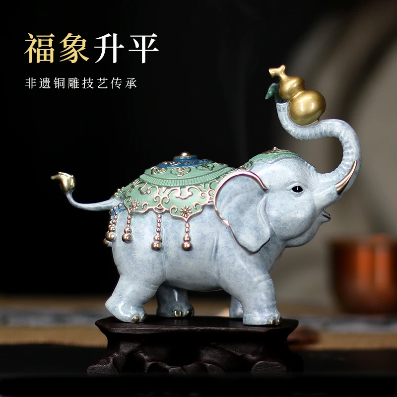 铜之魂 福象升平摆件大象摆件客厅办公桌摆放玄关酒柜吸水铜象