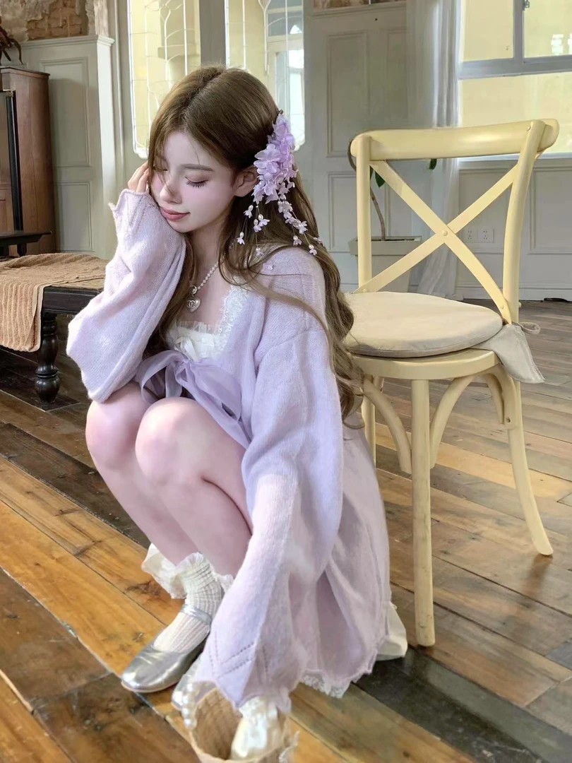 2025早春新款韩系氛围感超好看独特漂亮小香风紫色上衣百搭半裙