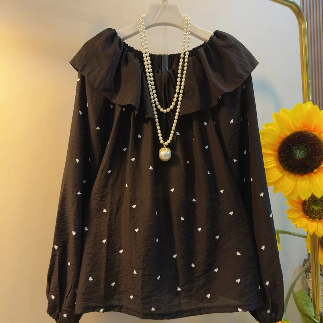 RF秋季小桃心长袖荷叶领常规性感风大码衬衫