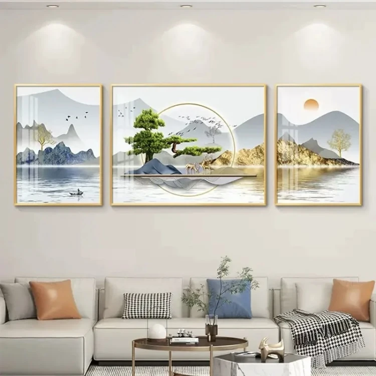 轻奢客厅装饰画沙发背景墙壁画现代简约大气三联画餐厅挂画晶瓷画