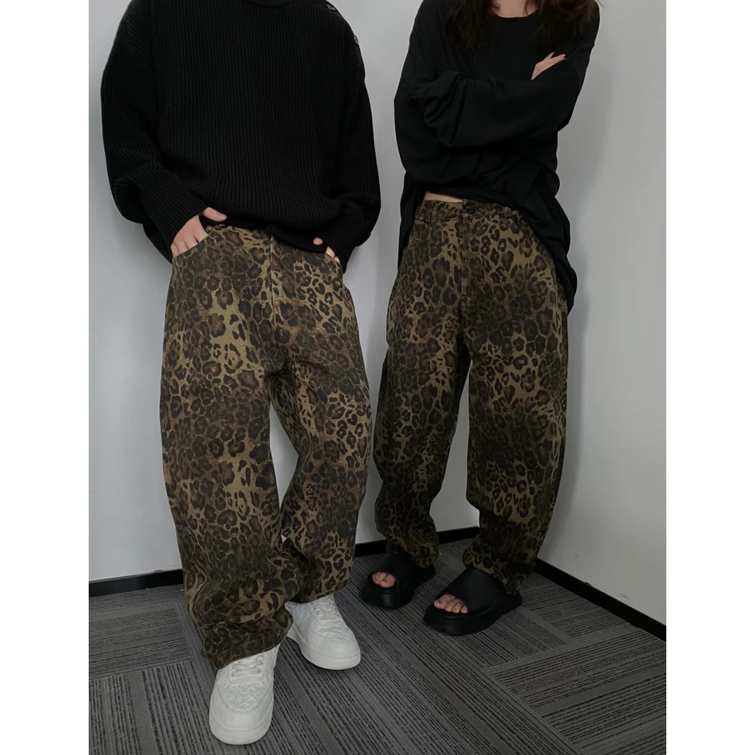 美式潮流豹纹弯刀牛仔裤男款休闲百搭阔腿裤cleanfit痞帅潮男长裤