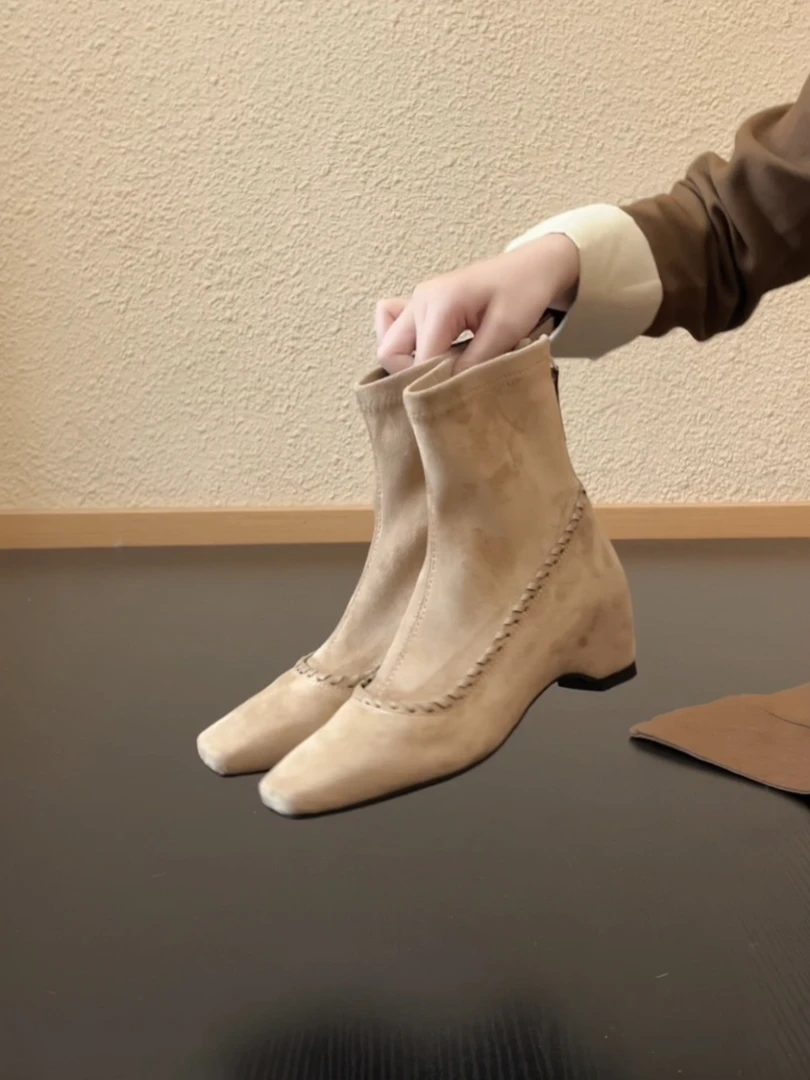 Pokoy-5cm法式方头设计感编织短靴气质内增高后拉链绒面瘦瘦靴