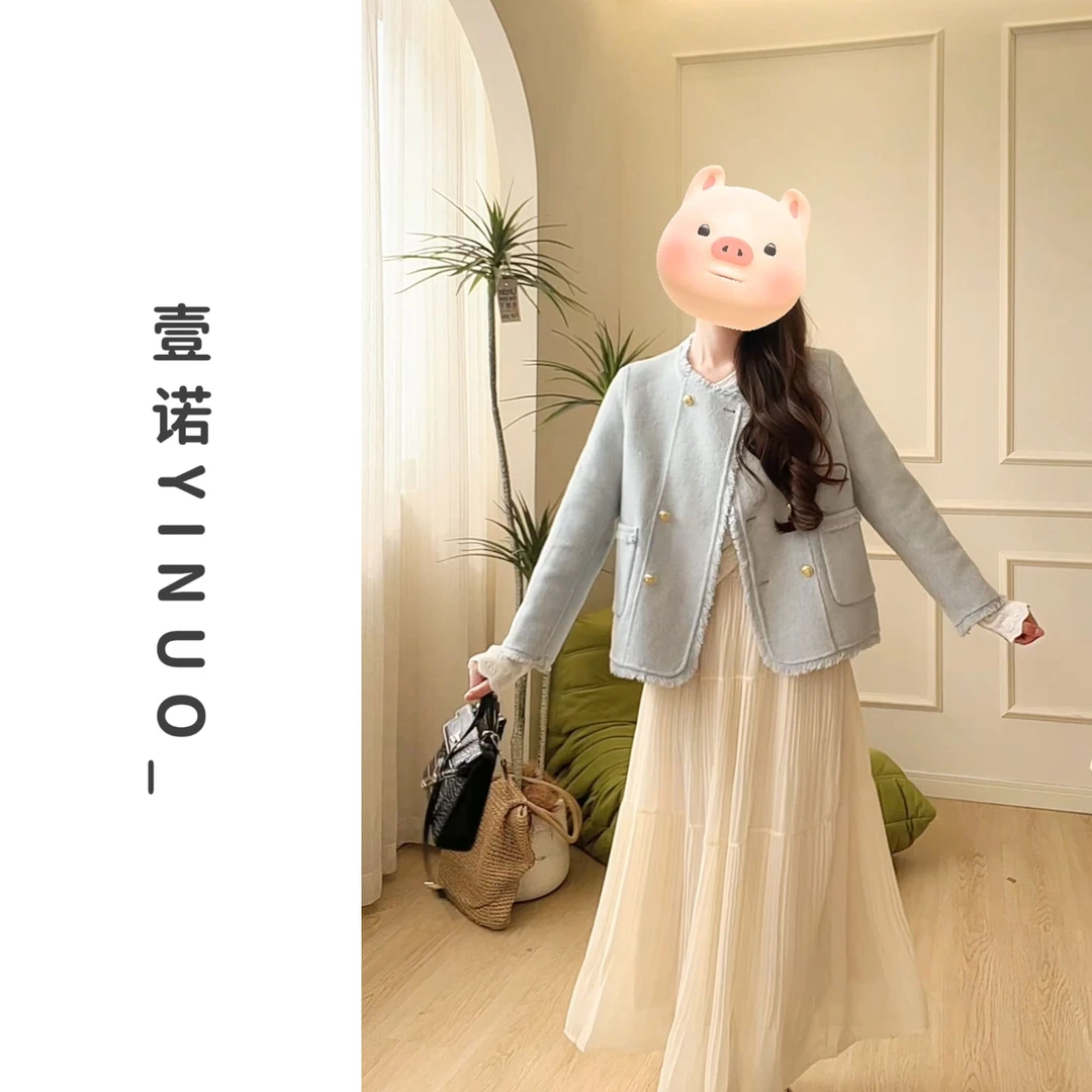 2025新款双面呢大衣女短款大衣双排扣拉毛宽松小个子春款8885