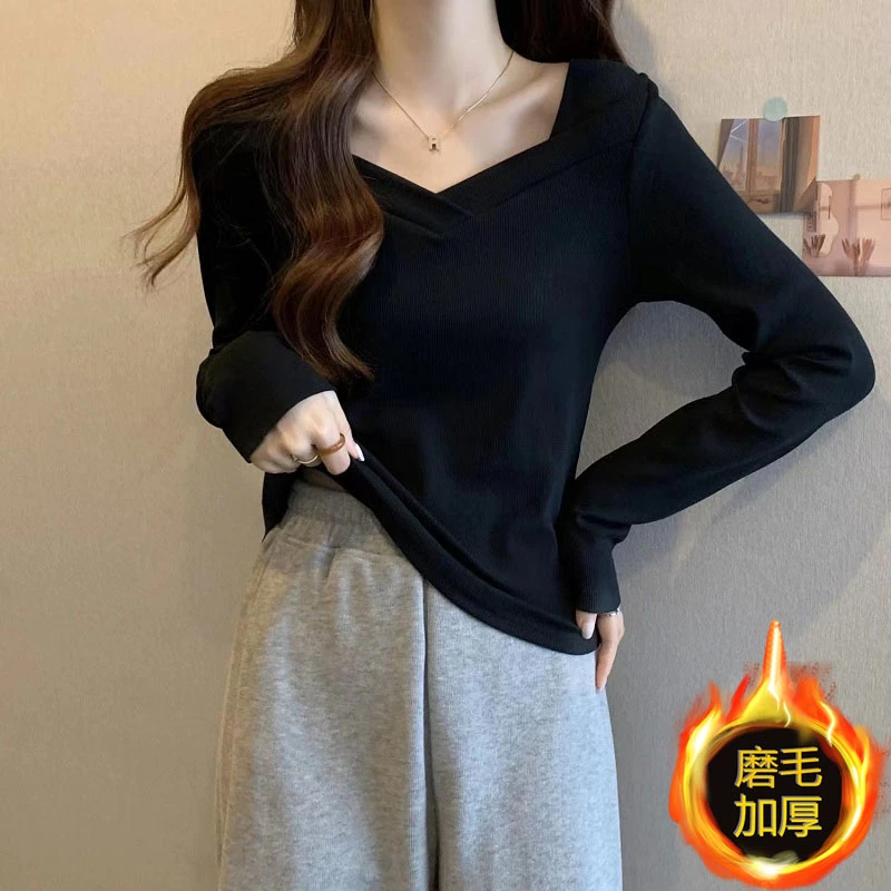 6909#磨毛加厚打底衫春秋新款设计感T恤小众方领洋气修身保暖上衣