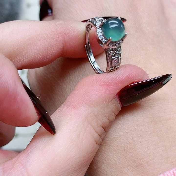 蛇纹石玉戒指银S925镶嵌苗**妈