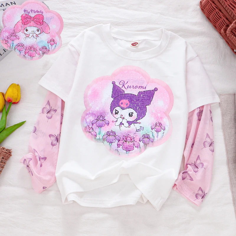 女童纯棉假两件冰丝防晒长袖T恤 25夏薄款儿童小女孩变色亮片短袖