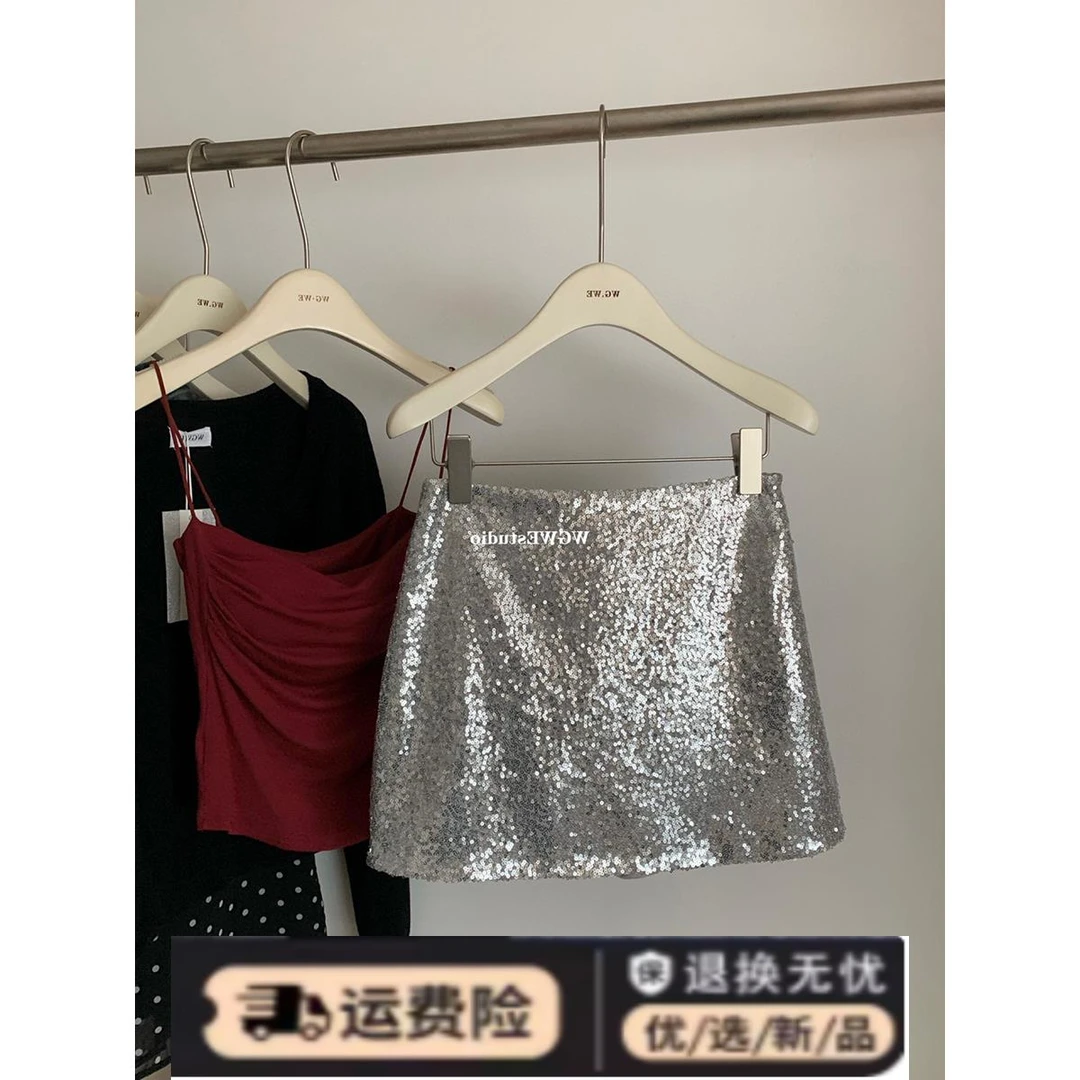 银色亮片a字包臀半身裙女夏新款韩国时尚高腰显瘦性感小个子短裙