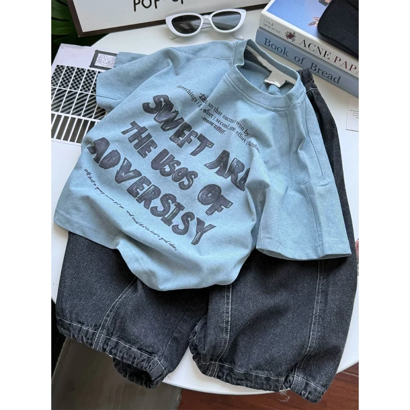 2025韩国童装男童t恤短袖夏季韩版洋气百搭蓝色夏装儿童九分裤