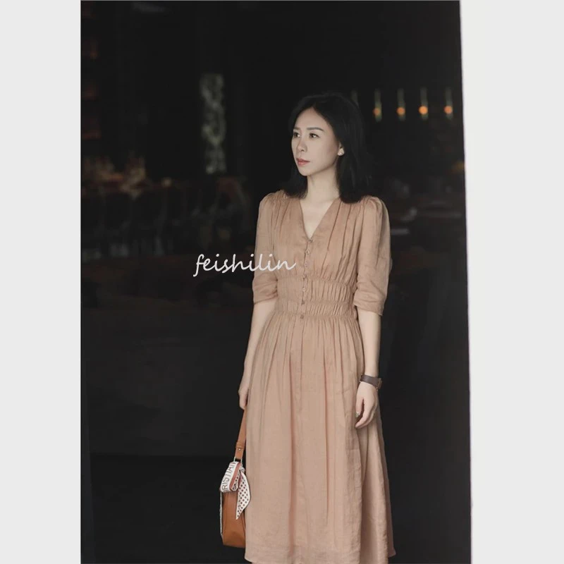 茶歇法式气质显瘦质感高级感收腰橘色连衣裙子女2025新款夏季长裙