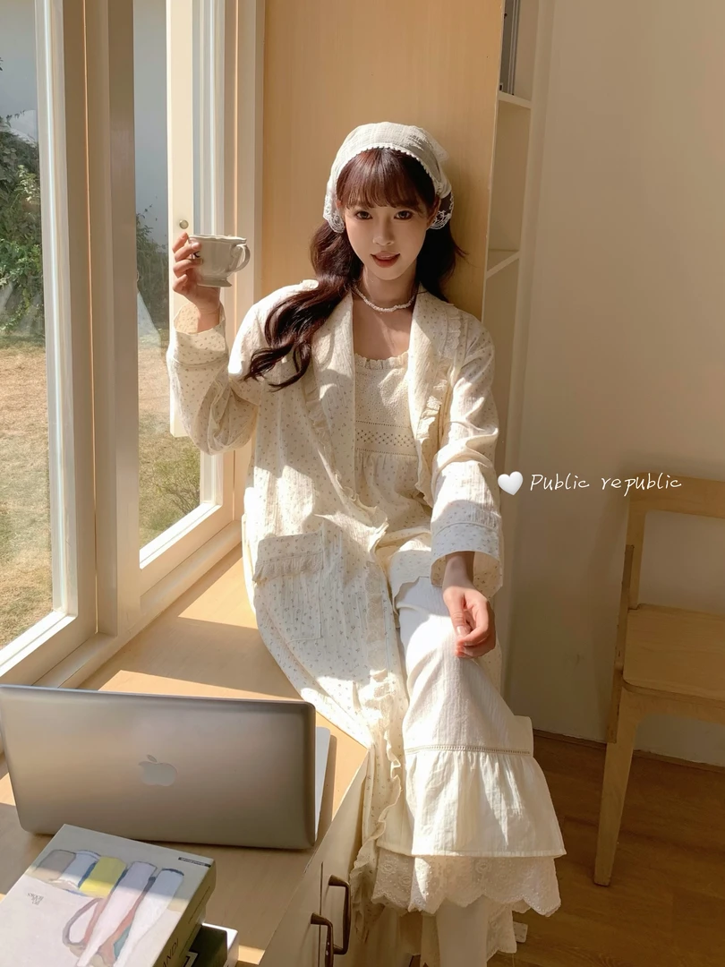 Public republic春季韩国纯棉简约温柔花边碎花睡袍浴袍家居服