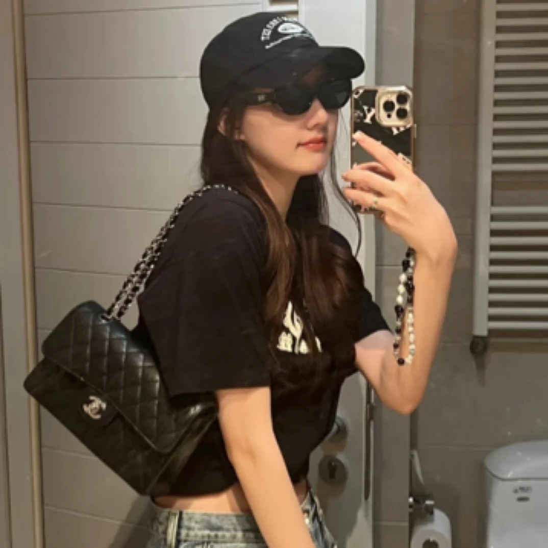 99新 Chanel/香奈儿 黑银cf中号荔枝牛单肩包/47433复古ins