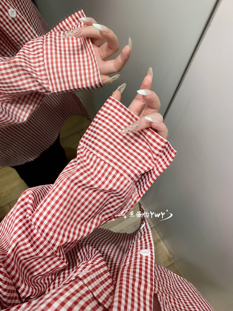 复古红色格子长袖衬衫女叠穿宽松oversize慵懒风休闲百搭衬衣外套