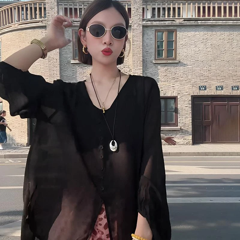 X.x.韩系圆领单排扣长袖衬衫女百搭洋气减龄上衣小衫轻薄透气上衣