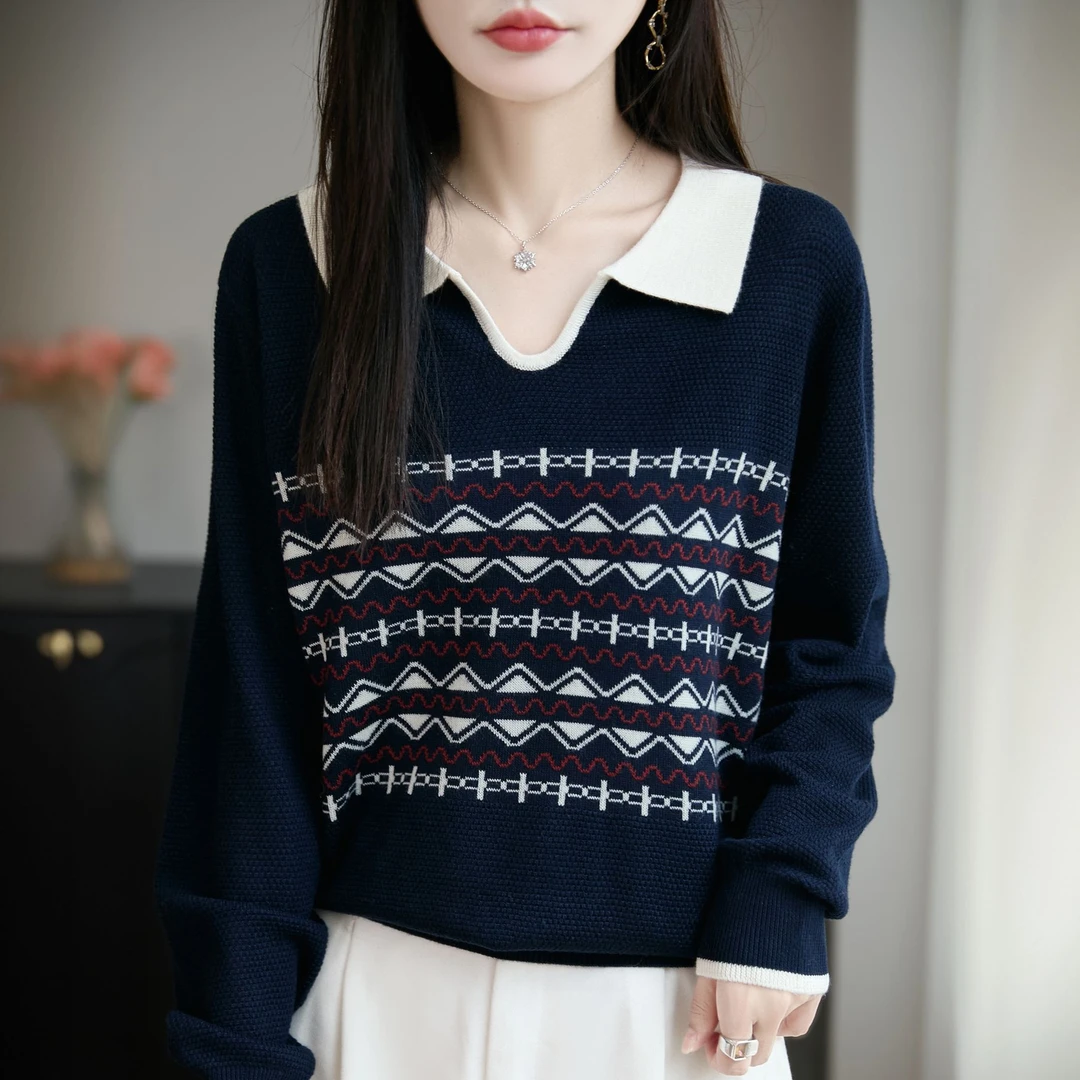 哥弟阿玛施正品新款拼色翻领提花针织衫女早秋长袖内搭打底衫上衣