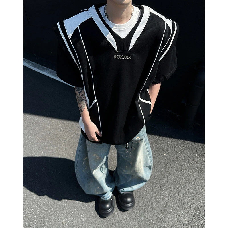 夏季美式炸街假两件垫肩短袖T恤男小众撞色设计感重磅圆领半袖t潮