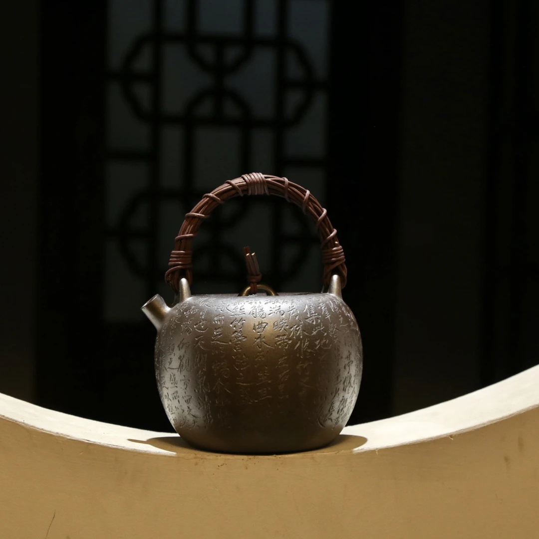 【紫砂柴烧水壶】 藤编提梁 满刻《兰亭集序》原矿紫泥柴烧800CC