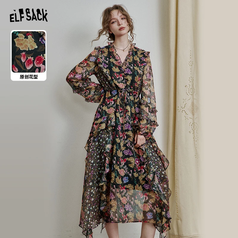 【新】妖精的口袋法式V领雪纺印花连衣裙春新款浪漫荷叶边系带251