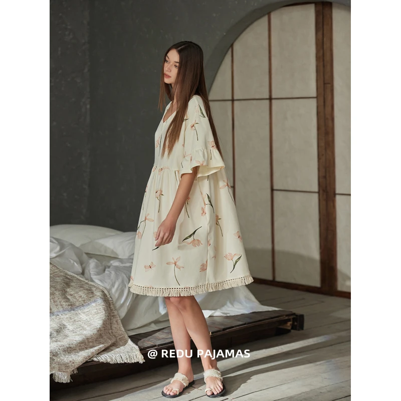 【凉感棉】热妒睡裙女夏季流苏带胸垫薄款花朵可外穿睡衣中长裙