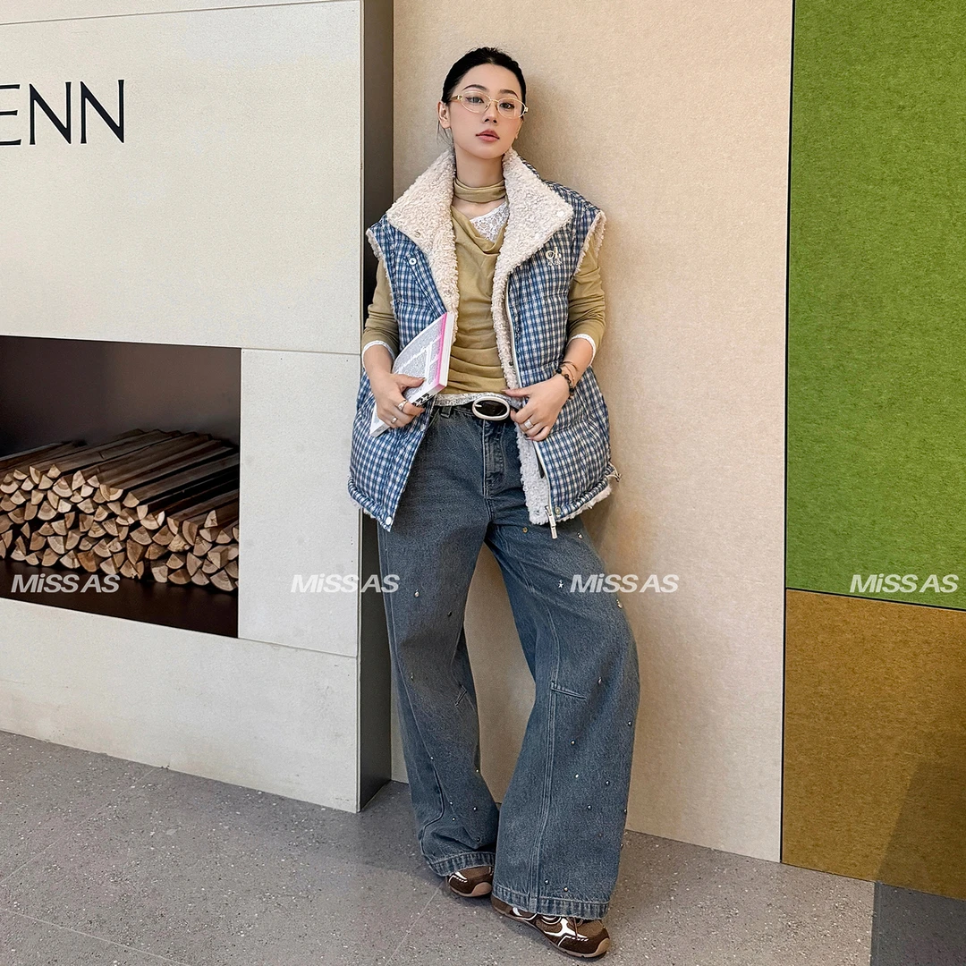 【AVVENN】手工钉片装饰口袋刺绣直筒牛仔裤女25冬季新款