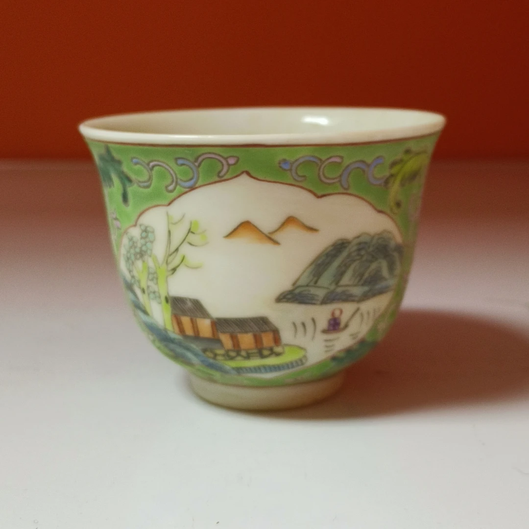 清光绪 绿地开光山水人家图杯