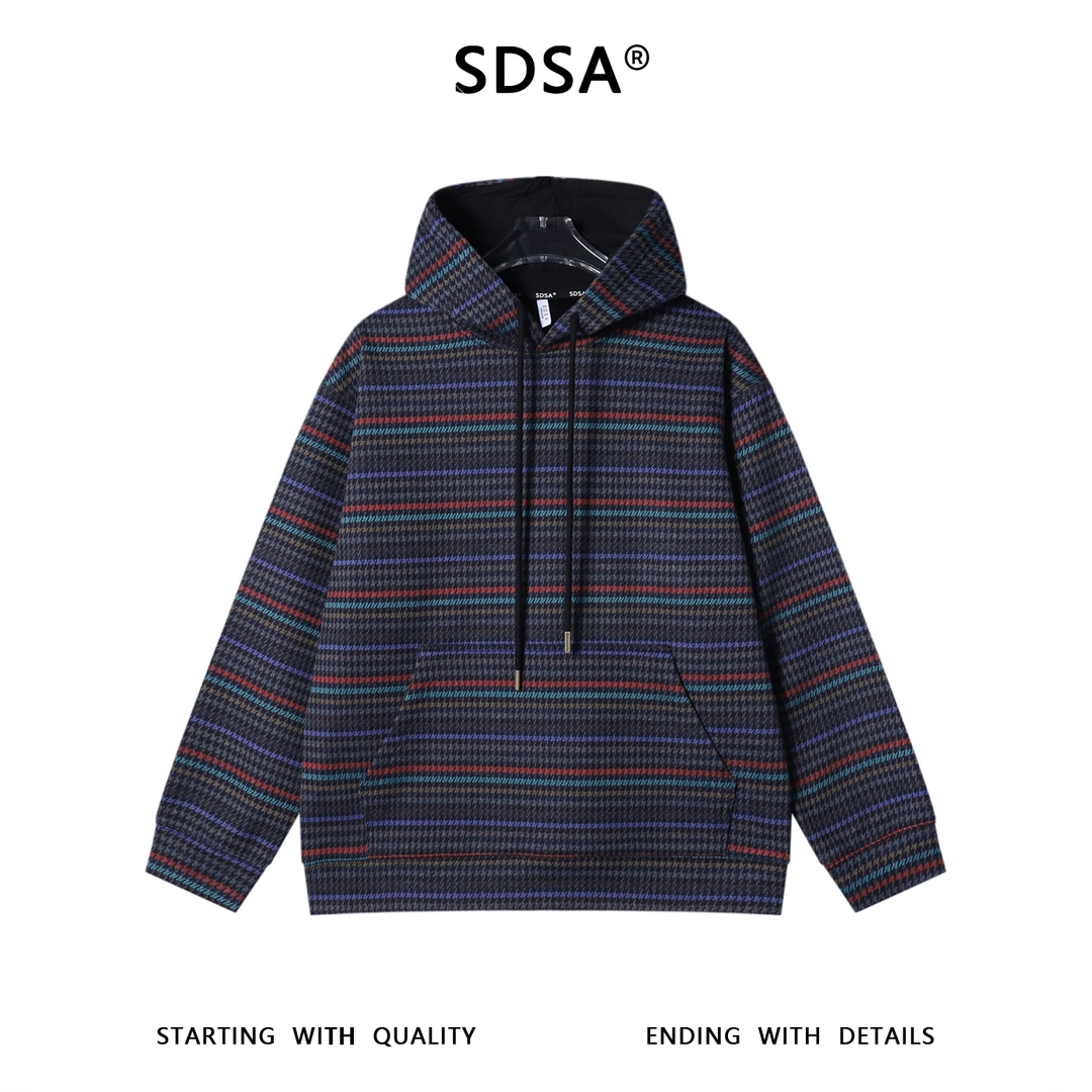 SDSA男士秋冬新款痞帅男装潮牌彩色条纹抽绳连帽卫衣百搭宽松上衣