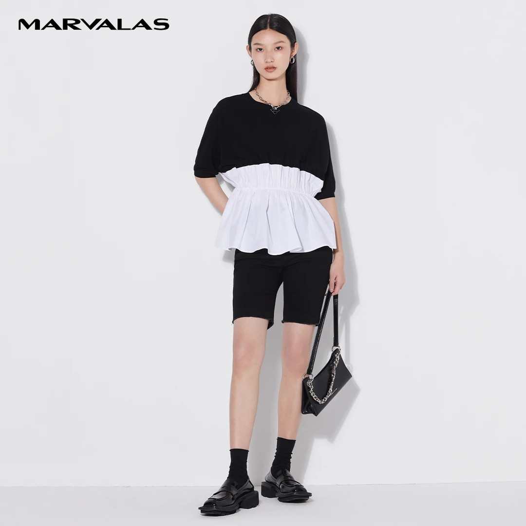 【曼德诗】时尚气质针织衫短袖女夏季纯色方领修身显瘦T恤M710108