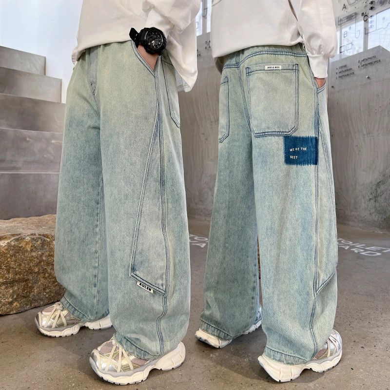 男童春秋款裤子2025新款百搭帅气软牛仔长裤男中大童宽松阔腿裤潮