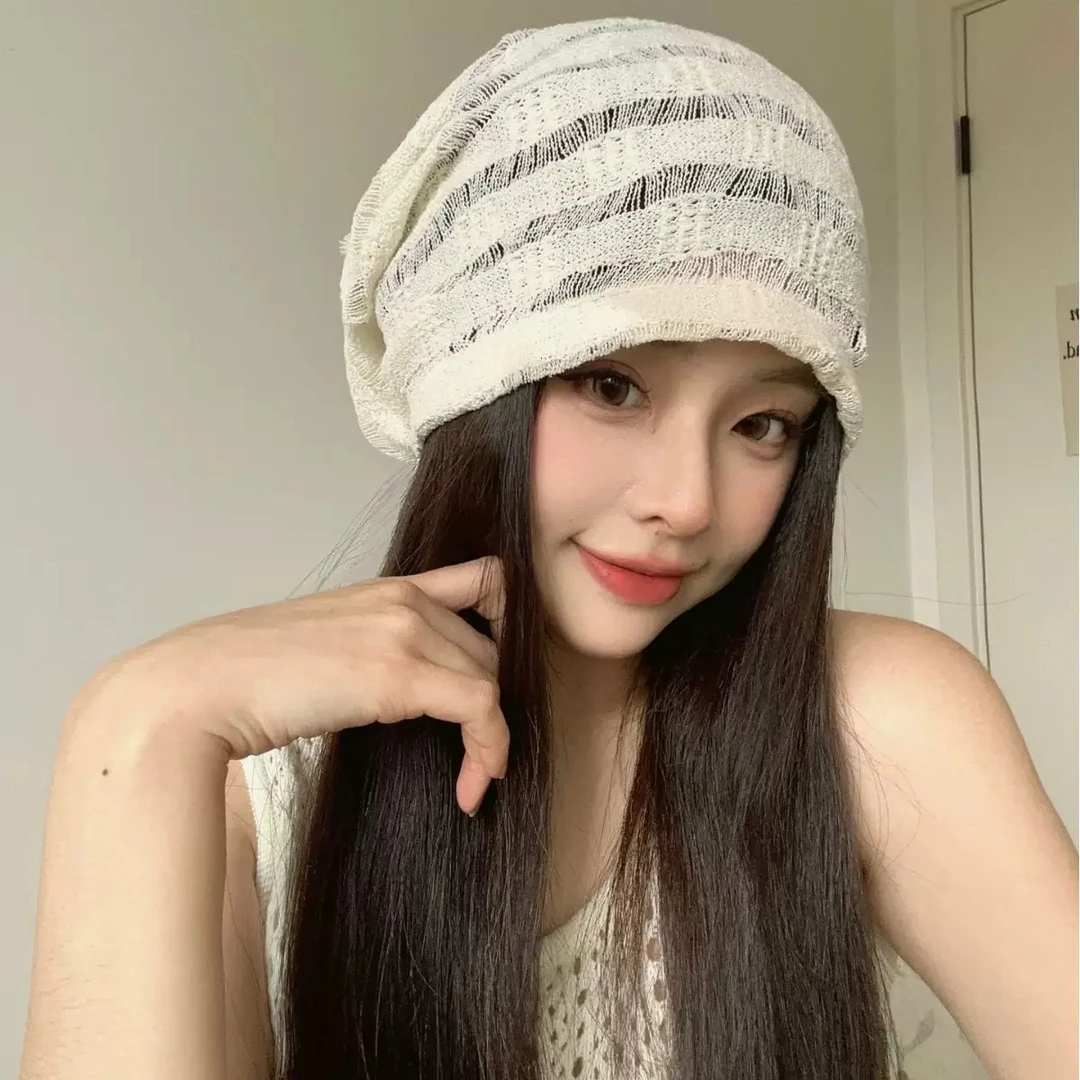 镂空薄款针织堆堆帽夏季女套头帽头饰包头帽透气冷帽洋气大头围