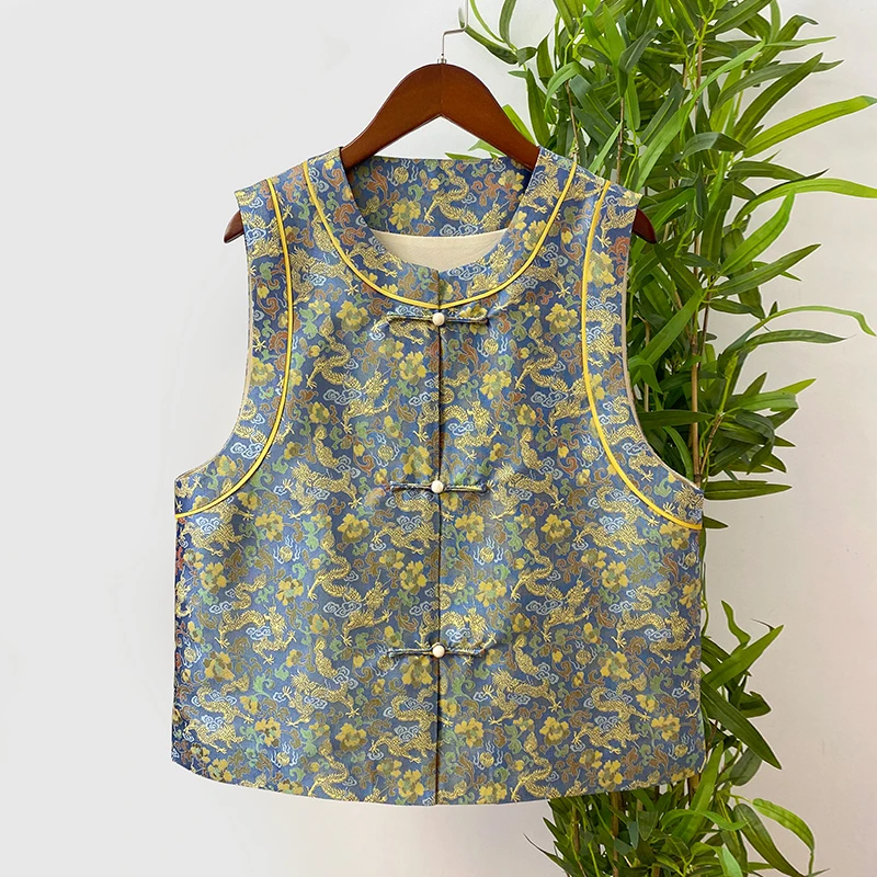 张和才蜀锦龙纹新中式国风立领对襟气质百搭桑蚕丝女士蜀锦马甲