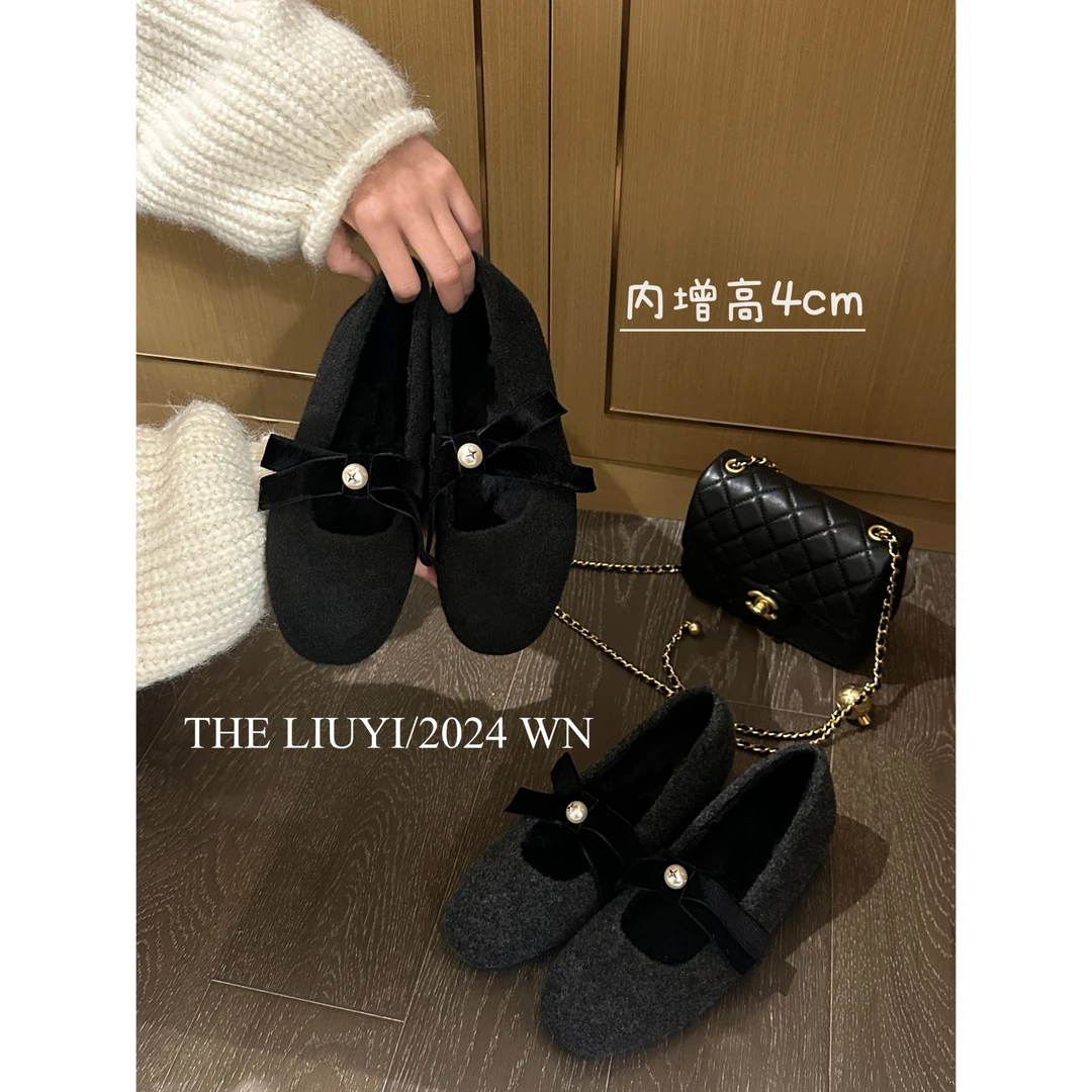 【LIUYI】冬季法式蝴蝶结玛丽珍内增高加绒毛毛鞋6843