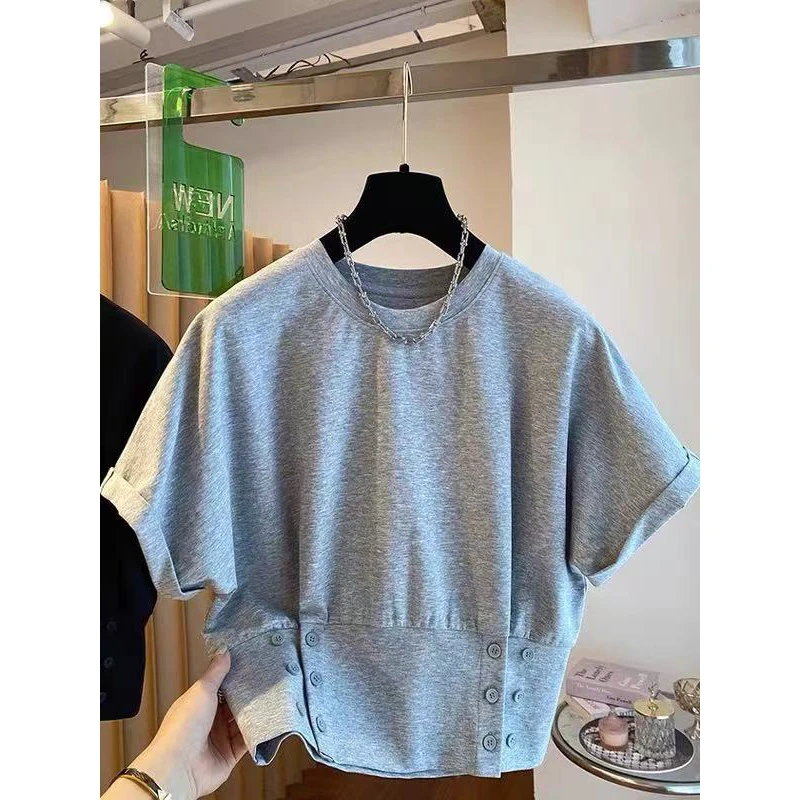 7557 GY夏季新款百搭显瘦圆领短袖收腰T恤女宽松休闲短款上衣