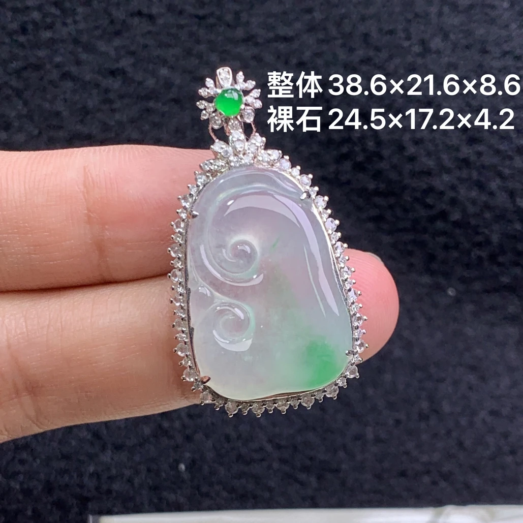 18k金镶嵌天然缅甸翡翠冰种如意吊坠38.6×21.6×8.6/24.5×17.2×4.2
