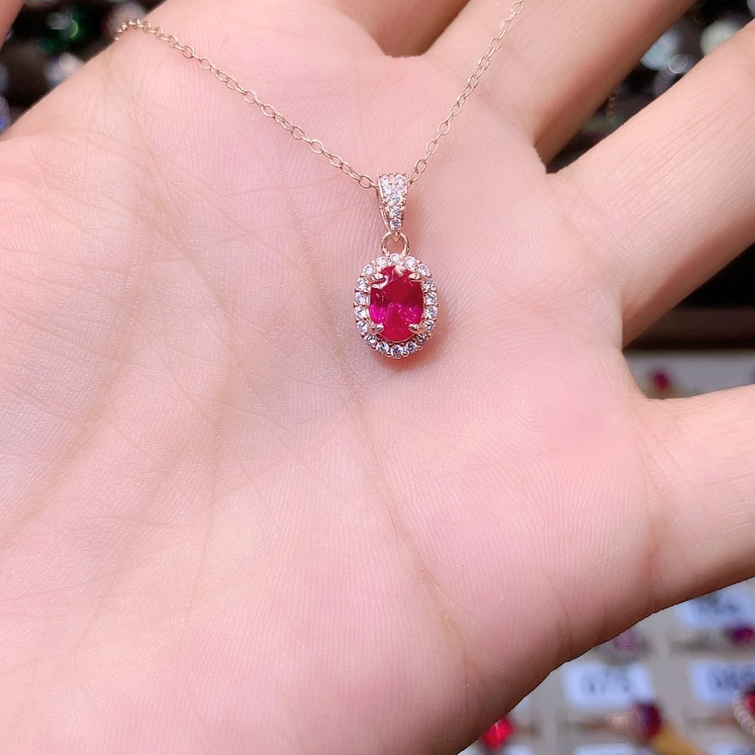 银S925镶嵌颈饰红宝石5.7玫瑰金